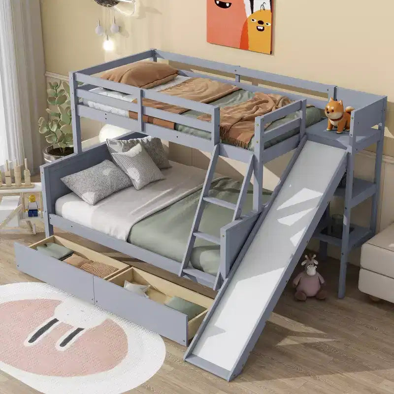 Lit superposé en bois d'hévéa double sur lit double avec 2 tiroirs, toboggan, étagères et échelle