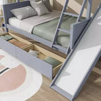 Lit superposé en bois d'hévéa double sur lit double avec 2 tiroirs, toboggan, étagères et échelle