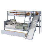 Lit superposé en bois d'hévéa double sur lit double avec 2 tiroirs, toboggan, étagères et échelle