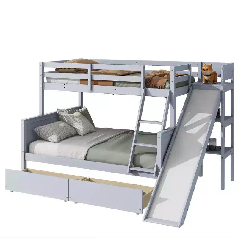 Lit superposé en bois d'hévéa double sur lit double avec 2 tiroirs, toboggan, étagères et échelle