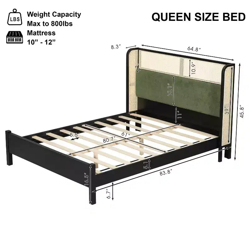 Lit plateforme Queen/King avec tête de lit capitonnée à oreilles