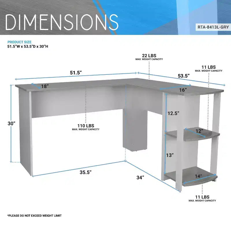 Bureau d'angle moderne en L – Bureau à domicile avec deux étagères latérales