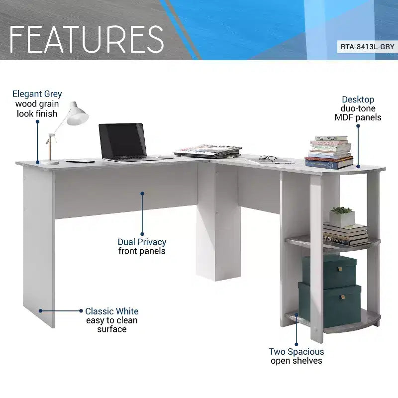 Bureau d'angle moderne en L – Bureau à domicile avec deux étagères latérales