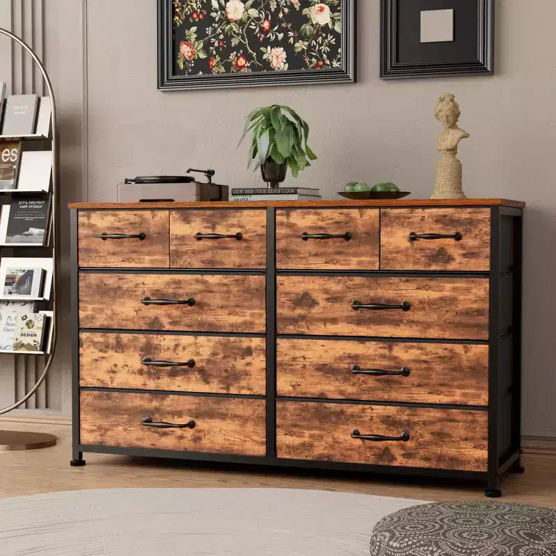 Grande commode de rangement en tissu brun rustique à 10 tiroirs