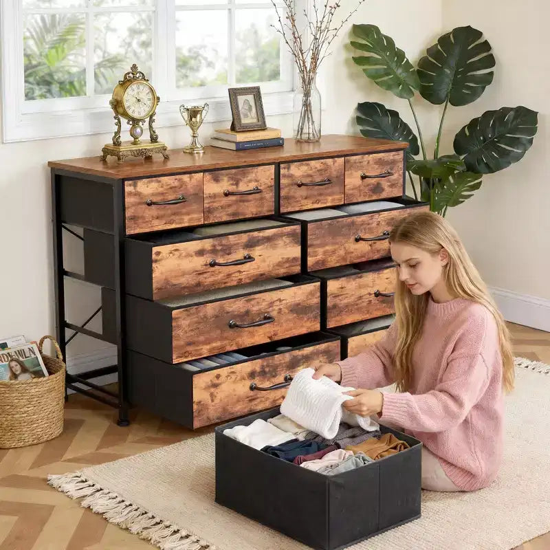 Grande commode de rangement en tissu brun rustique à 10 tiroirs