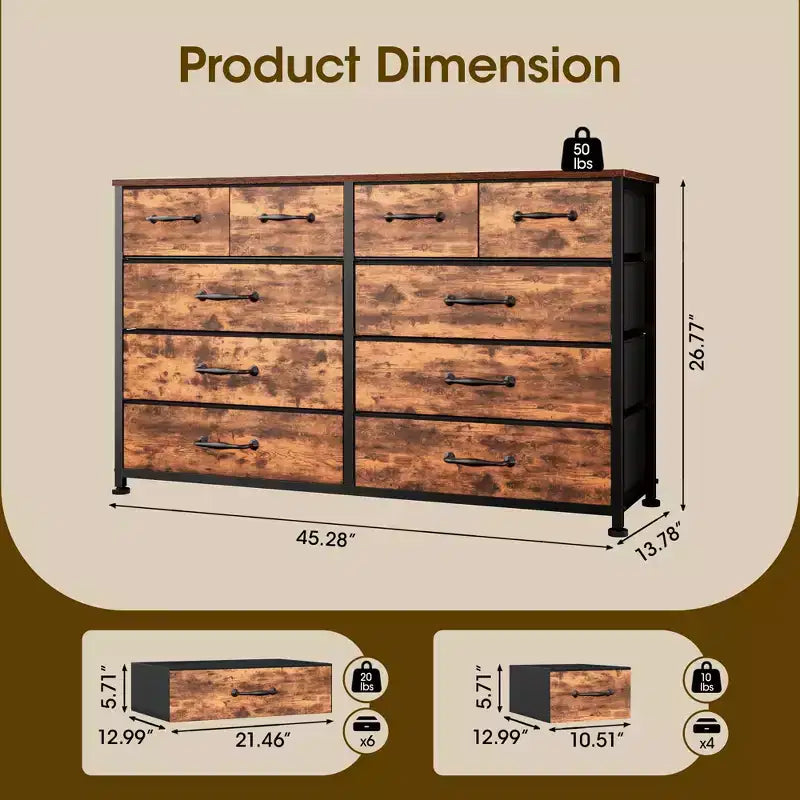 Grande commode de rangement en tissu brun rustique à 10 tiroirs