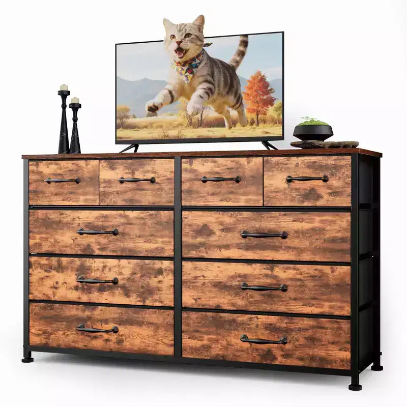 Grande commode de rangement en tissu brun rustique à 10 tiroirs
