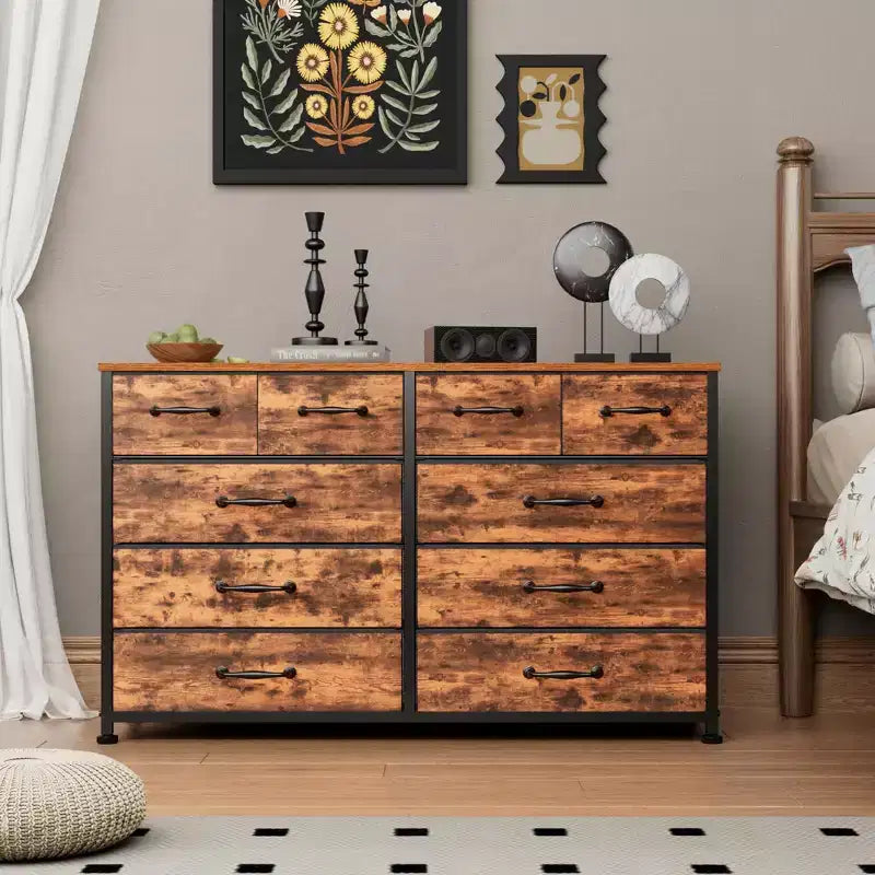 Grande commode de rangement en tissu brun rustique à 10 tiroirs
