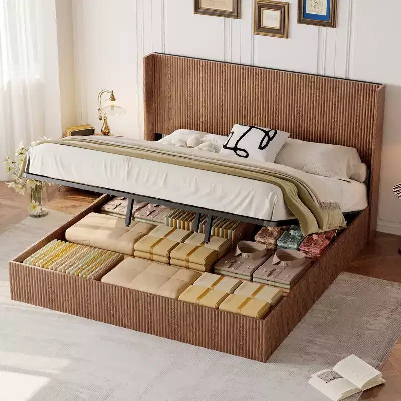 Cadre de lit extra-large à motif ondulé avec fonction de rangement relevable