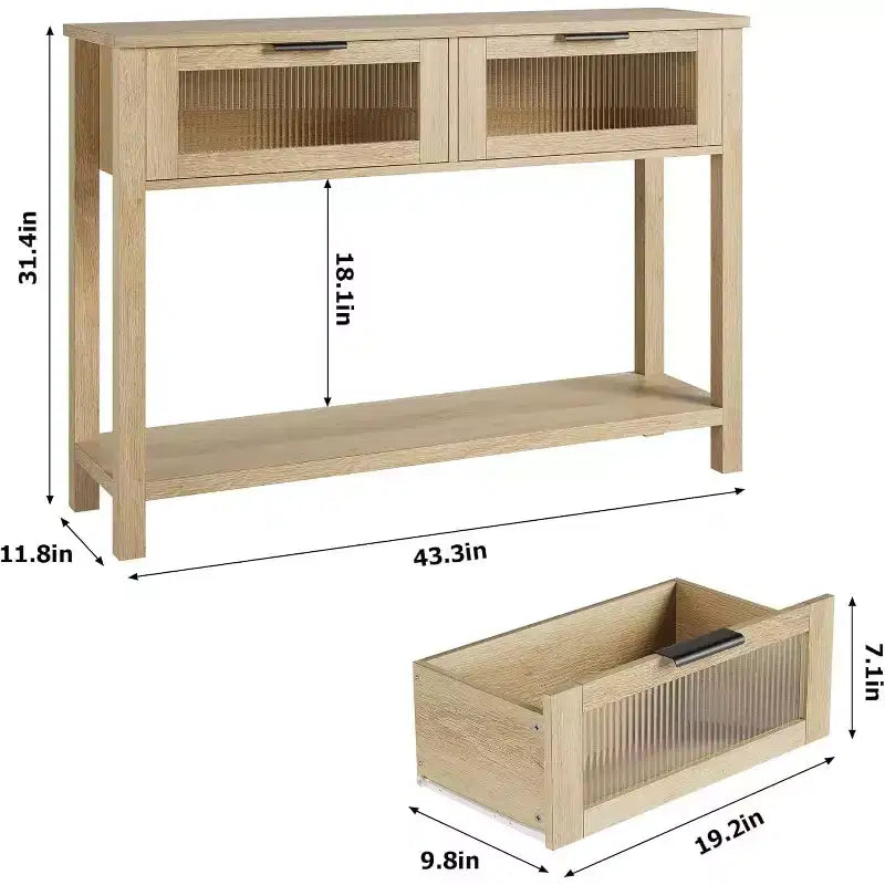 Console rustique en bois avec 2 tiroirs en verre – Table d'appoint de canapé étroite à 2 niveaux