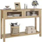 Console rustique en bois avec 2 tiroirs en verre – Table d'appoint de canapé étroite à 2 niveaux