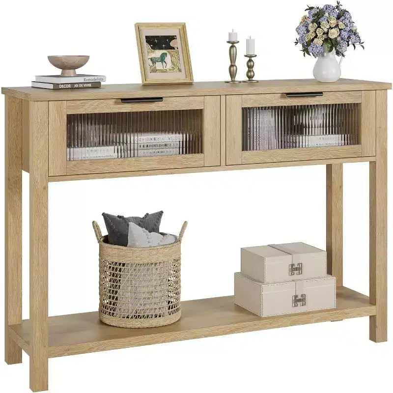 Console rustique en bois avec 2 tiroirs en verre – Table d'appoint de canapé étroite à 2 niveaux