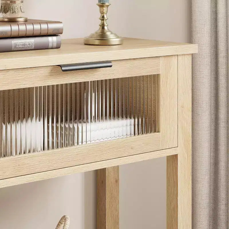 Console rustique en bois avec 2 tiroirs en verre – Table d'appoint de canapé étroite à 2 niveaux