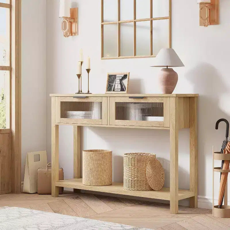 Console rustique en bois avec 2 tiroirs en verre – Table d'appoint de canapé étroite à 2 niveaux