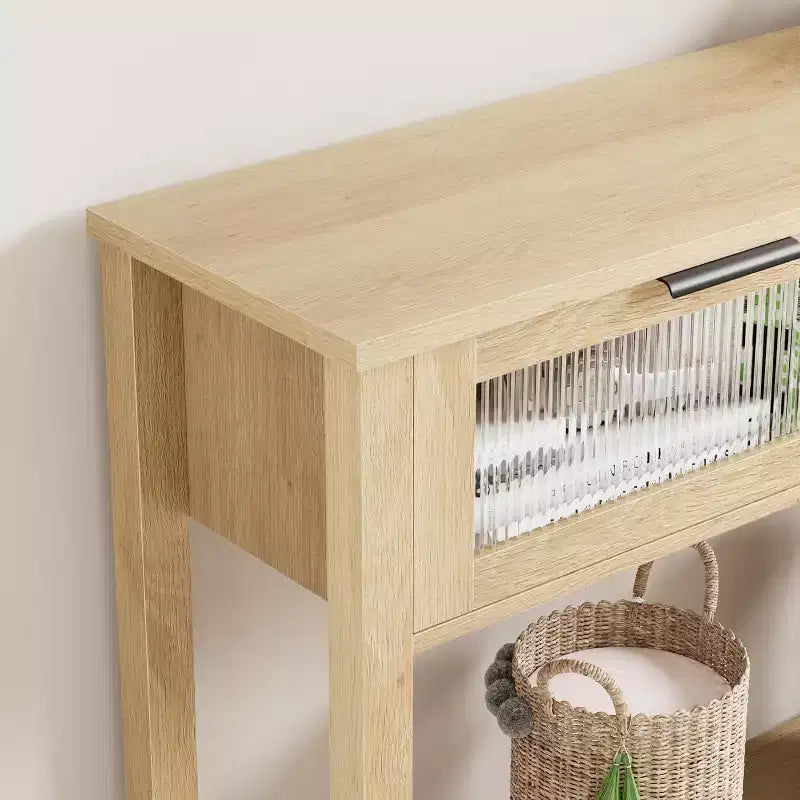 Console rustique en bois avec 2 tiroirs en verre – Table d'appoint de canapé étroite à 2 niveaux
