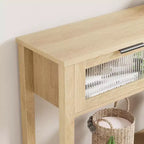 Console rustique en bois avec 2 tiroirs en verre – Table d'appoint de canapé étroite à 2 niveaux