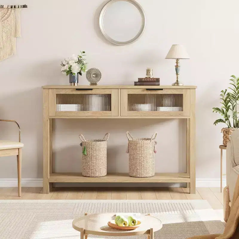 Console rustique en bois avec 2 tiroirs en verre – Table d'appoint de canapé étroite à 2 niveaux
