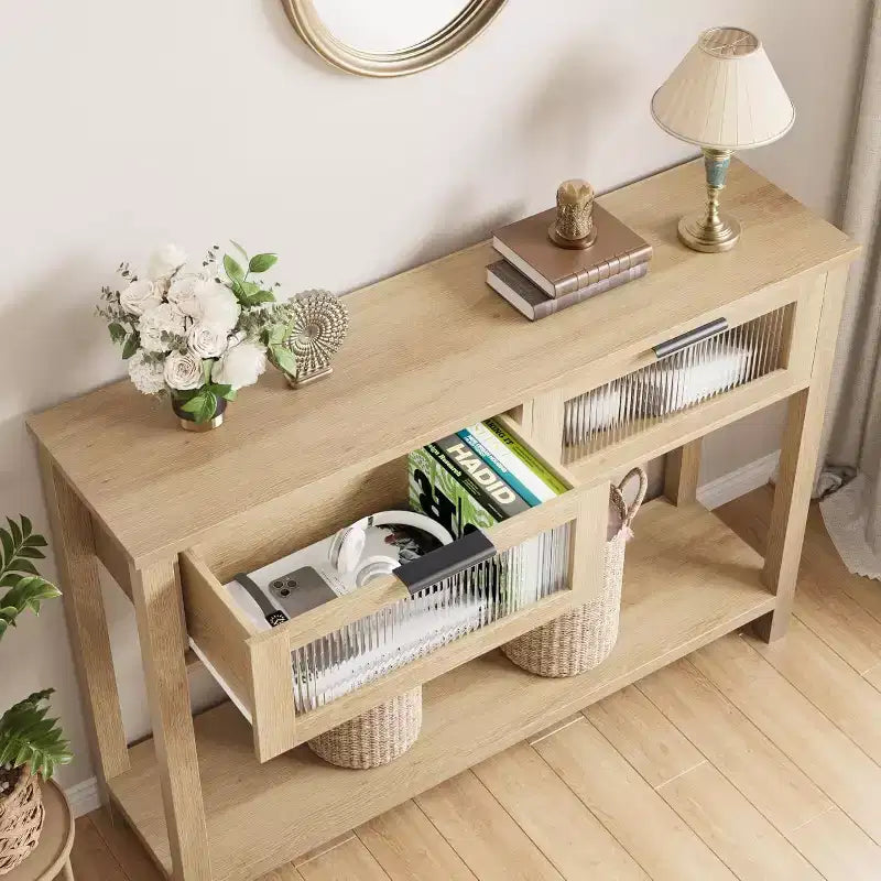 Console rustique en bois avec 2 tiroirs en verre – Table d'appoint de canapé étroite à 2 niveaux