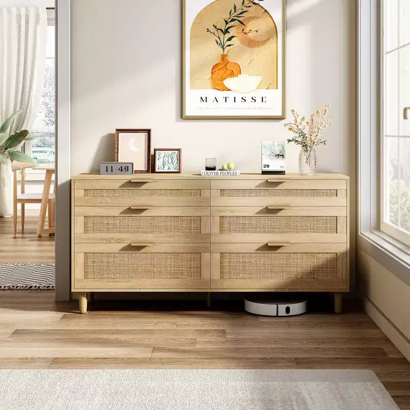 Commode 6 tiroirs en rotin 59" – Armoire de rangement pour vêtements de chambre
