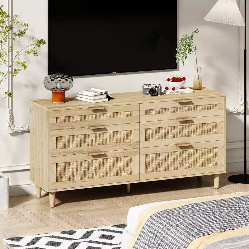 Commode 6 tiroirs en rotin 59" – Armoire de rangement pour vêtements de chambre