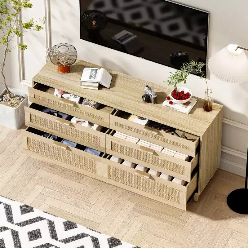 Commode 6 tiroirs en rotin 59" – Armoire de rangement pour vêtements de chambre