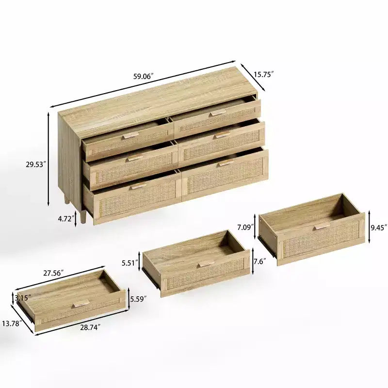 Commode 6 tiroirs en rotin 59" – Armoire de rangement pour vêtements de chambre