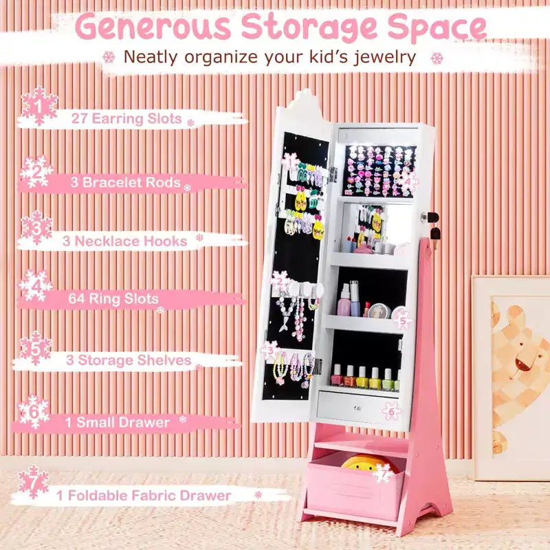 Miroir pleine longueur avec lumières 3 couleurs pour armoire à bijoux pour enfants