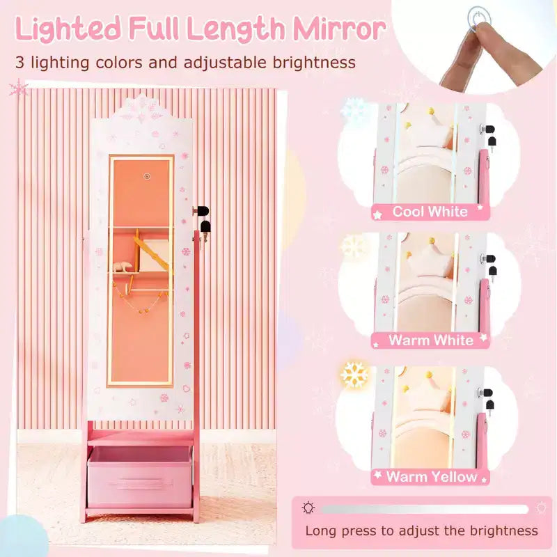 Miroir pleine longueur avec lumières 3 couleurs pour armoire à bijoux pour enfants