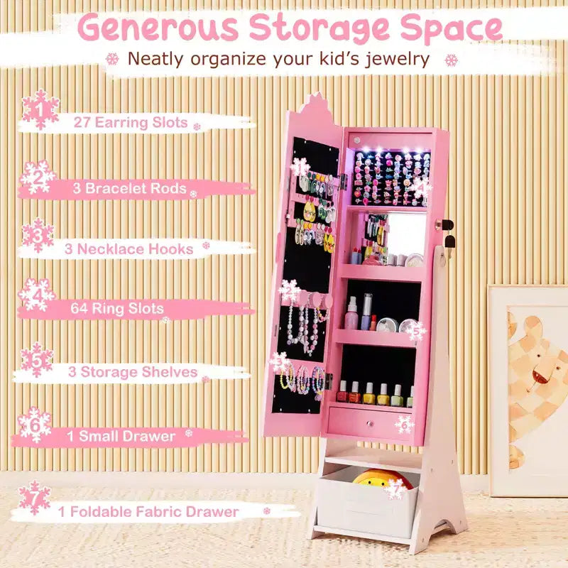 Miroir pleine longueur avec lumières 3 couleurs pour armoire à bijoux pour enfants
