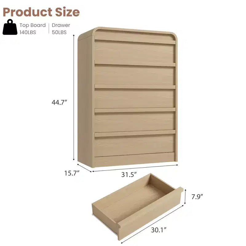 Commode en bois à 5 tiroirs avec design incurvé – Organisateur de rangement