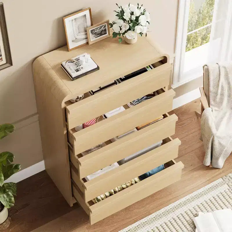 Commode en bois à 5 tiroirs avec design incurvé – Organisateur de rangement