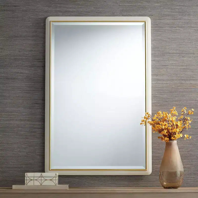 Miroir mural rectangulaire pour coiffeuse – Verre biseauté moderne, cadre doré beige mat