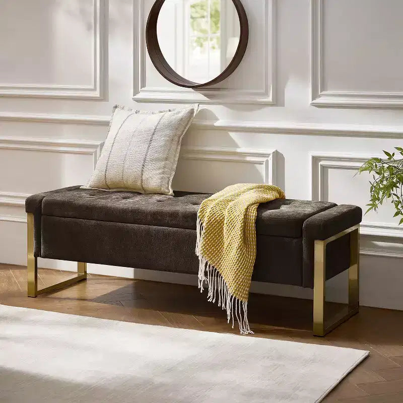 Banc de rangement moderne rembourré de 140 cm avec plateau relevable et pieds en métal
