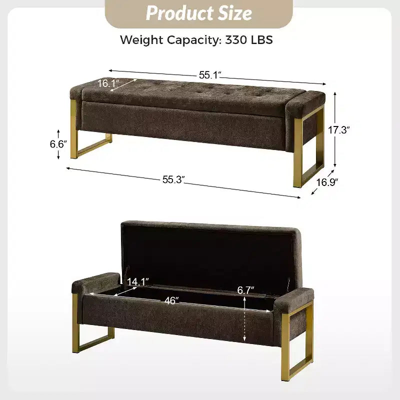 Banc de rangement moderne rembourré de 140 cm avec plateau relevable et pieds en métal