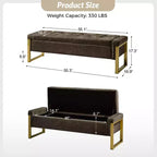 Banc de rangement moderne rembourré de 140 cm avec plateau relevable et pieds en métal