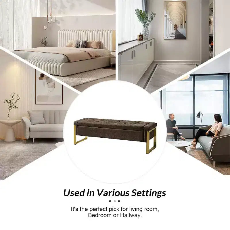 Banc de rangement moderne rembourré de 140 cm avec plateau relevable et pieds en métal