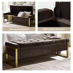 Banc de rangement moderne rembourré de 140 cm avec plateau relevable et pieds en métal