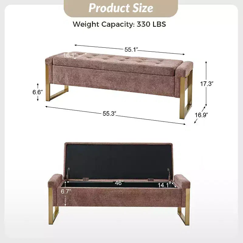 Banc de rangement moderne rembourré de 140 cm avec plateau relevable et pieds en métal