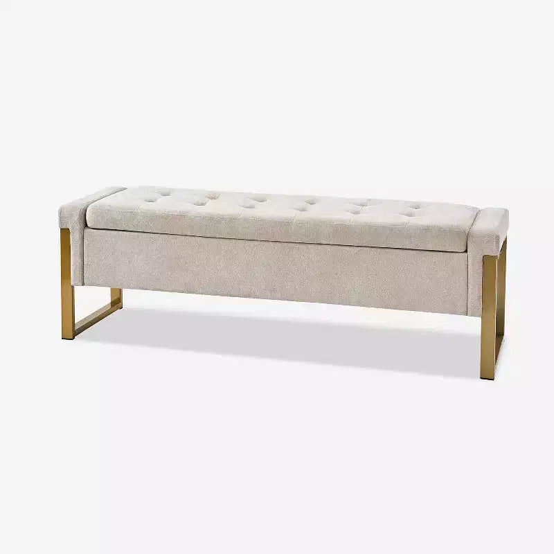 Banc de rangement moderne rembourré de 140 cm avec plateau relevable et pieds en métal