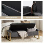 Banc de rangement moderne rembourré de 140 cm avec plateau relevable et pieds en métal