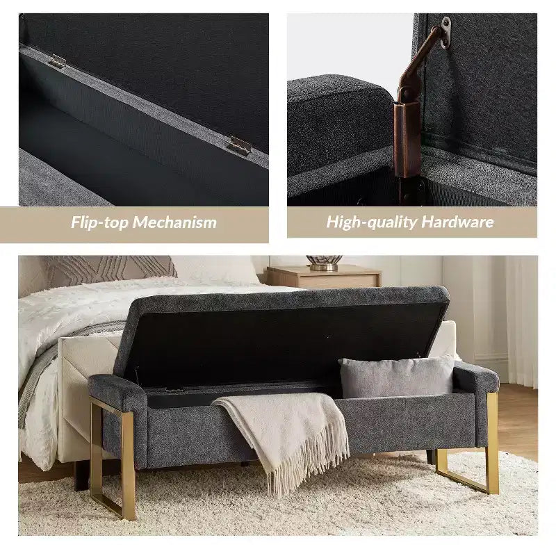 Banc de rangement moderne rembourré de 140 cm avec plateau relevable et pieds en métal