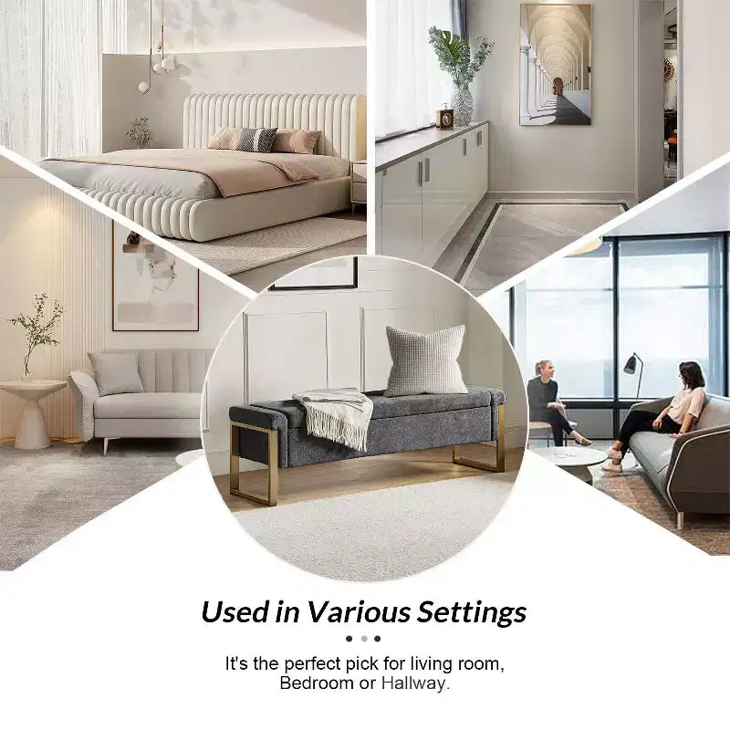 Banc de rangement moderne rembourré de 140 cm avec plateau relevable et pieds en métal