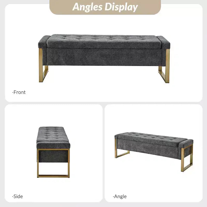 Banc de rangement moderne rembourré de 140 cm avec plateau relevable et pieds en métal
