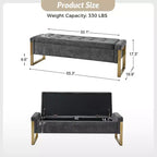 Banc de rangement moderne rembourré de 140 cm avec plateau relevable et pieds en métal