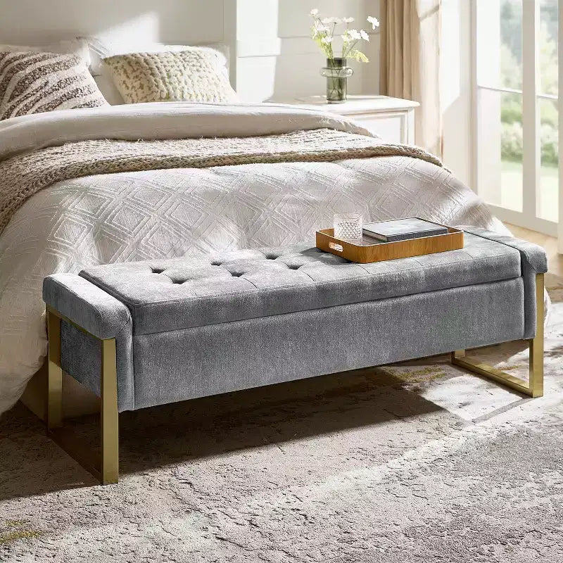 Banc de rangement moderne rembourré de 140 cm avec plateau relevable et pieds en métal