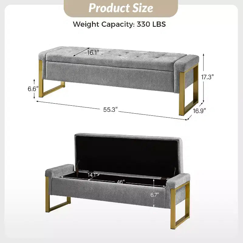 Banc de rangement moderne rembourré de 140 cm avec plateau relevable et pieds en métal
