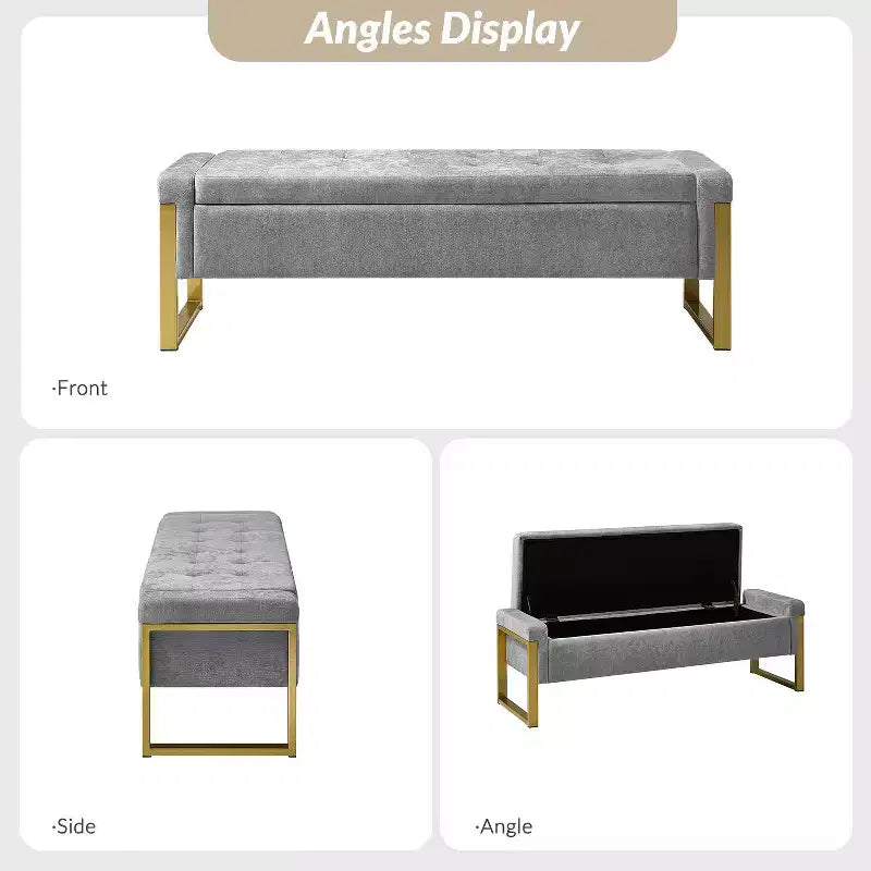 Banc de rangement moderne rembourré de 140 cm avec plateau relevable et pieds en métal