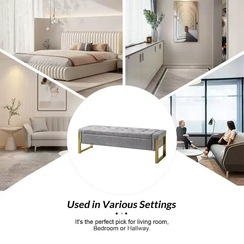 Banc de rangement moderne rembourré de 140 cm avec plateau relevable et pieds en métal