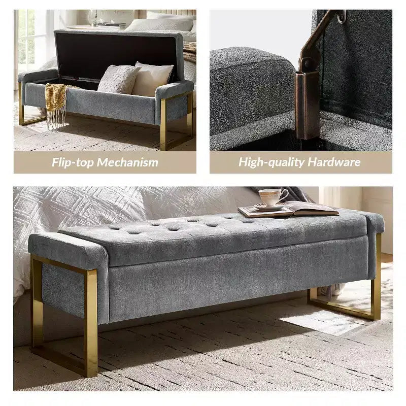 Banc de rangement moderne rembourré de 140 cm avec plateau relevable et pieds en métal