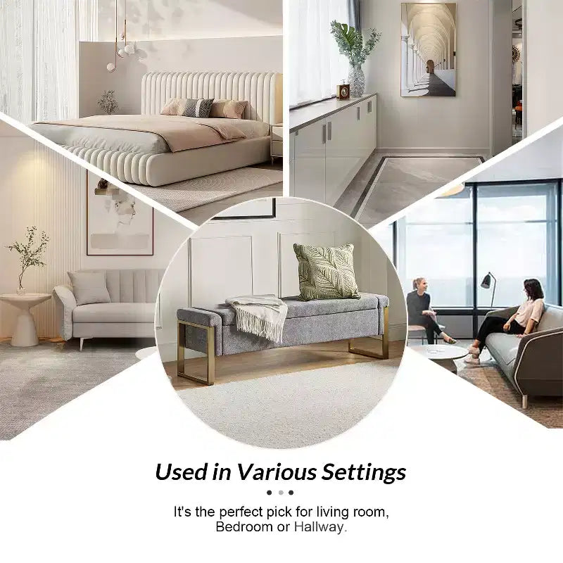 Banc de rangement moderne rembourré de 140 cm avec plateau relevable et pieds en métal